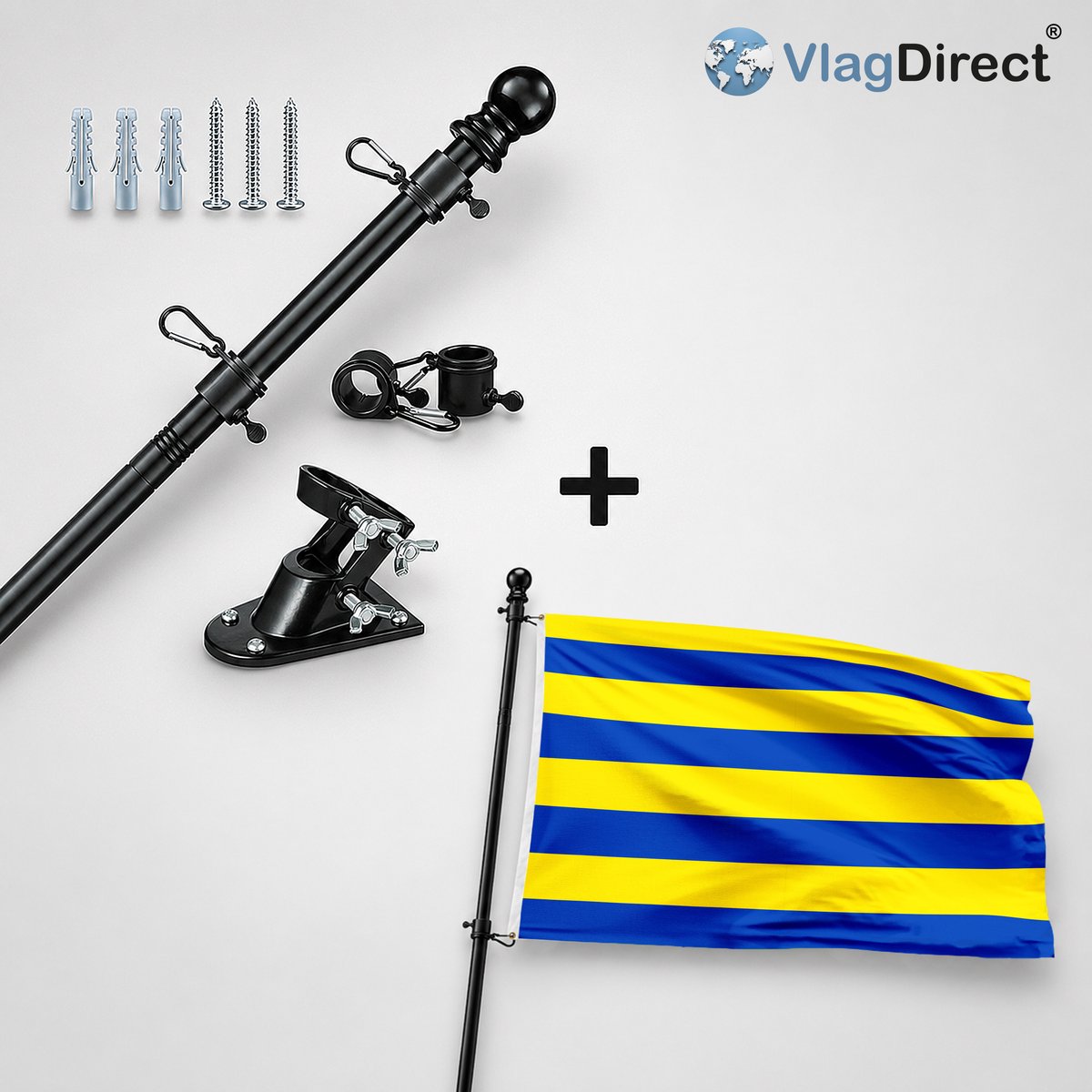 VlagDirect - Compleet vlaggenpakket - Zwarte vlaggenstok inclusief vlaggenstokhouder + Diksmuidse vlag - Gemeente Diksmuide vlag - 90 x 150 cm.