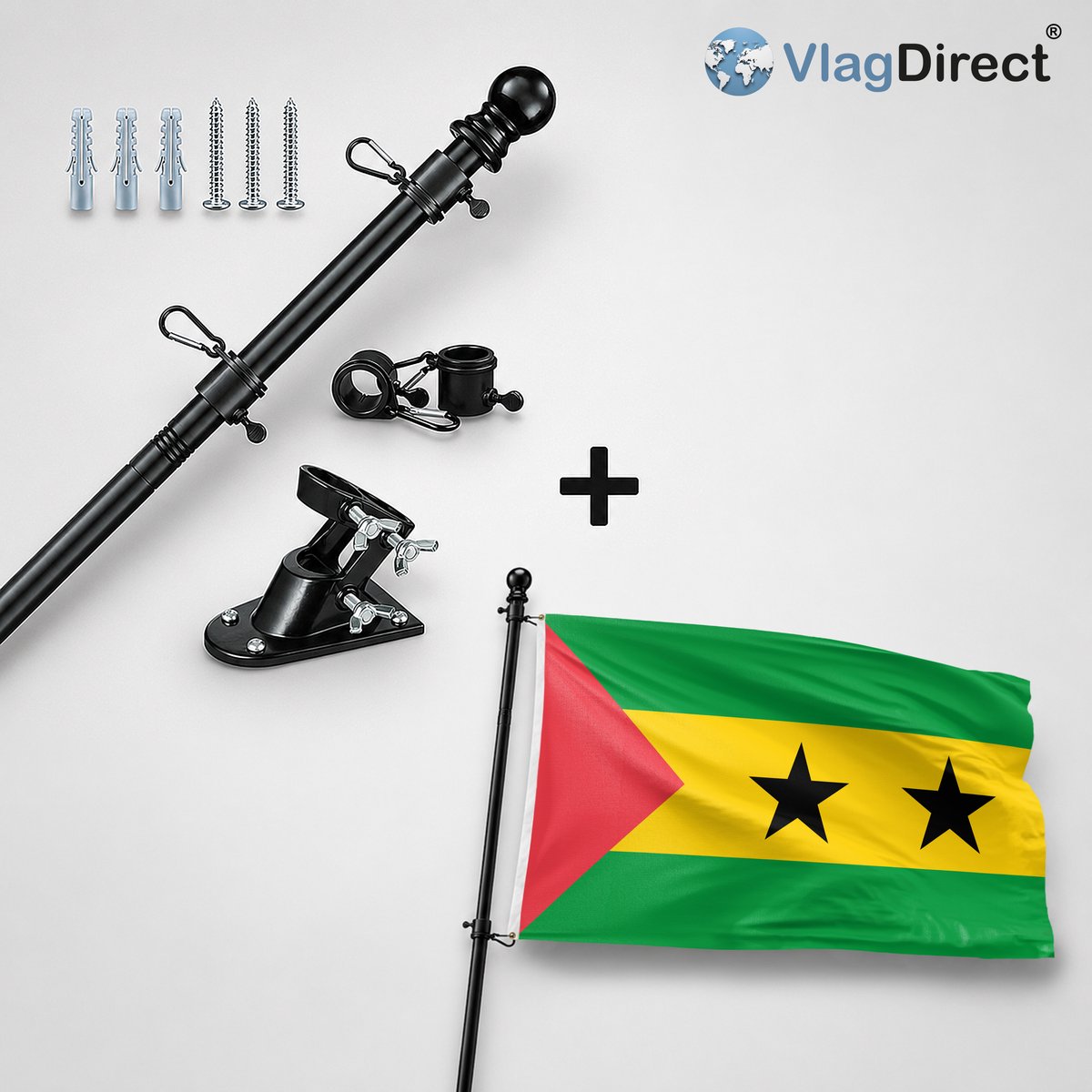 VlagDirect - Compleet vlaggenpakket - Zwarte vlaggenstok inclusief vlaggenstokhouder + Santomese vlag - Sao Tomé en Principe vlag - 90 x 150 cm