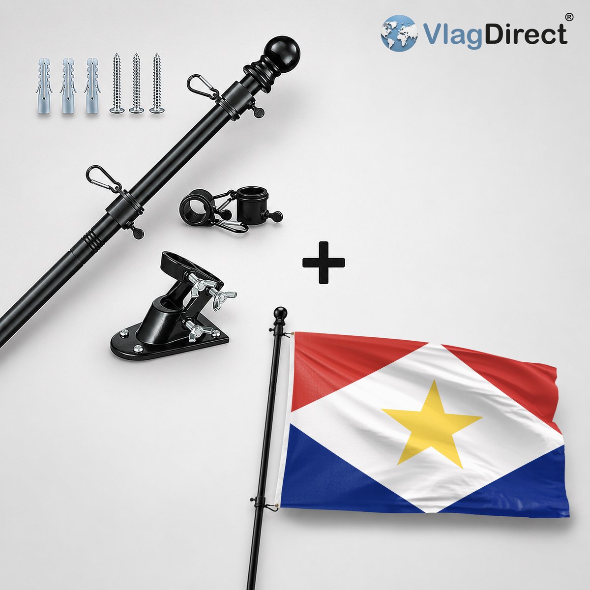 VlagDirect - Compleet vlaggenpakket - Zwarte vlaggenstok inclusief vlaggenstokhouder + Sabaische vlag - Saba vlag - 90 x 150 cm.