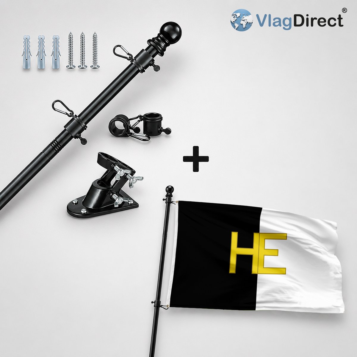 VlagDirect - Compleet vlaggenpakket - Zwarte vlaggenstok inclusief vlaggenstokhouder + Hechtelse vlag - Gemeente Hechtel-Eksel vlag - 90 x 150 cm.