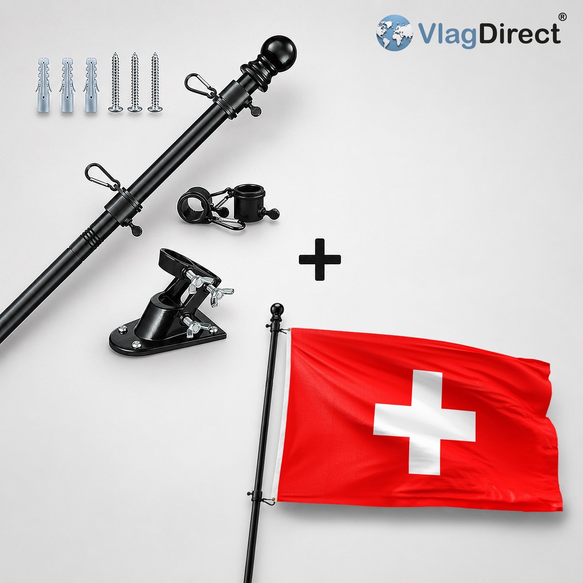 VlagDirect - Compleet vlaggenpakket - Zwarte vlaggenstok inclusief vlaggenstokhouder + Zwitserse vlag - Zwitserland vlag - 90 x 150 cm.