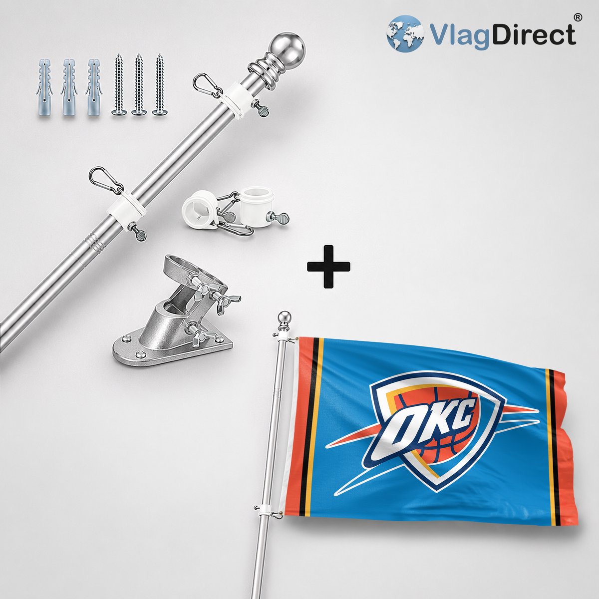 VlagDirect - Compleet vlaggenpakket - Zilveren vlaggenstok inclusief vlaggenstokhouder + Oklahoma City Thunder vlag - Oklahoma City Thunder basketbalteam vlag - 90 x 150 cm.