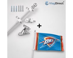 VlagDirect - Compleet vlaggenpakket - Zilveren vlaggenstok inclusief vlaggenstokhouder + Oklahoma City Thunder vlag - Oklahoma City Thunder basketbalteam vlag - 90 x 150 cm.