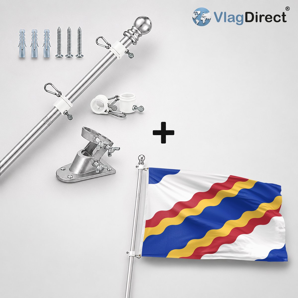 VlagDirect - Compleet vlaggenpakket - Zilveren vlaggenstok inclusief vlaggenstokhouder + Ten Boer vlag - Gemeente Ten Boer vlag - 90 x 150 cm.