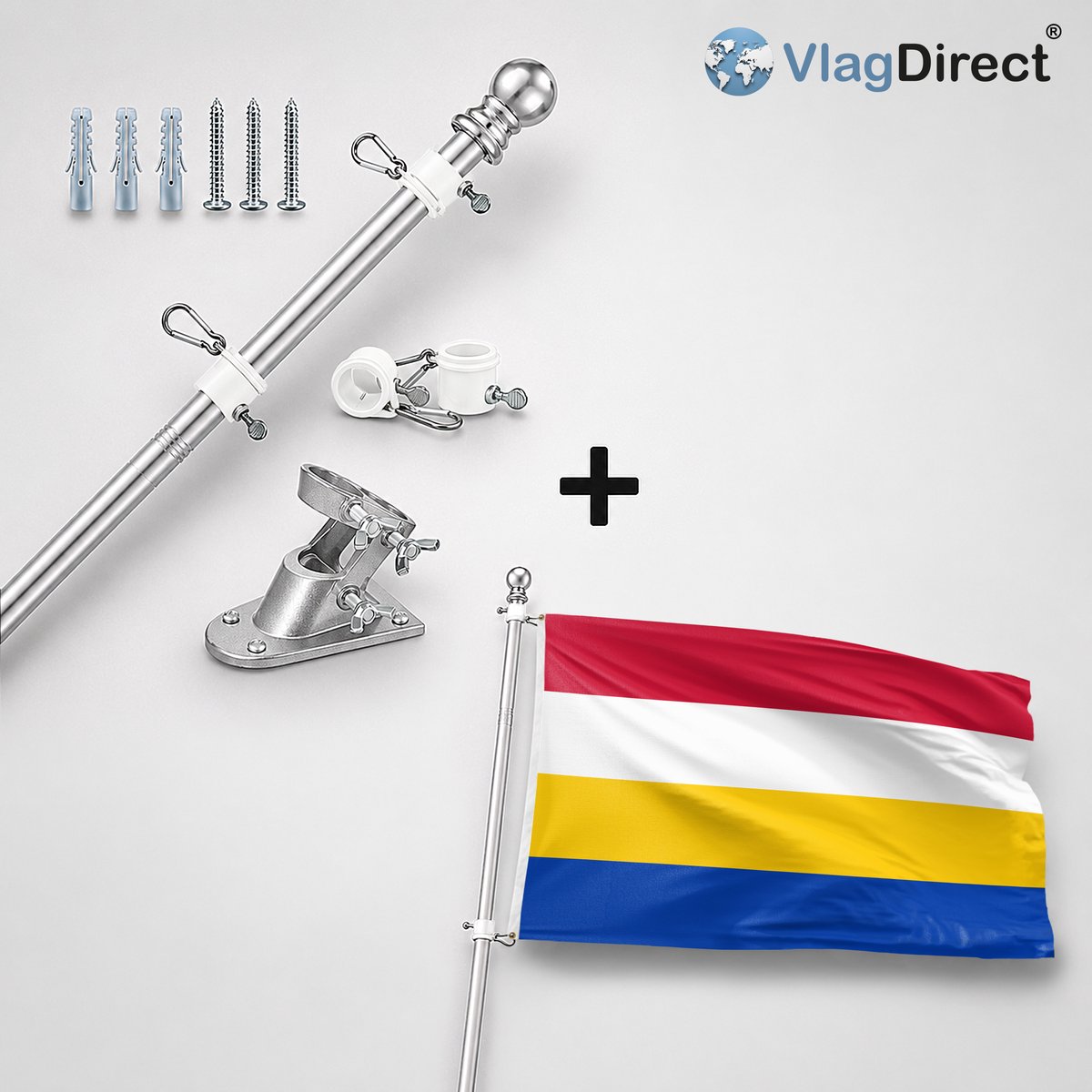 VlagDirect - Compleet vlaggenpakket - Zilveren vlaggenstok inclusief vlaggenstokhouder + Renkum vlag - Gemeente Renkum vlag - 90 x 150 cm.