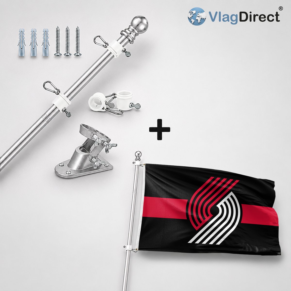 VlagDirect - Compleet vlaggenpakket - Zilveren vlaggenstok inclusief vlaggenstokhouder + Portland Trail Blazers vlag - Portland Trail Blazers basketbalteam vlag - 90 x 150 cm.