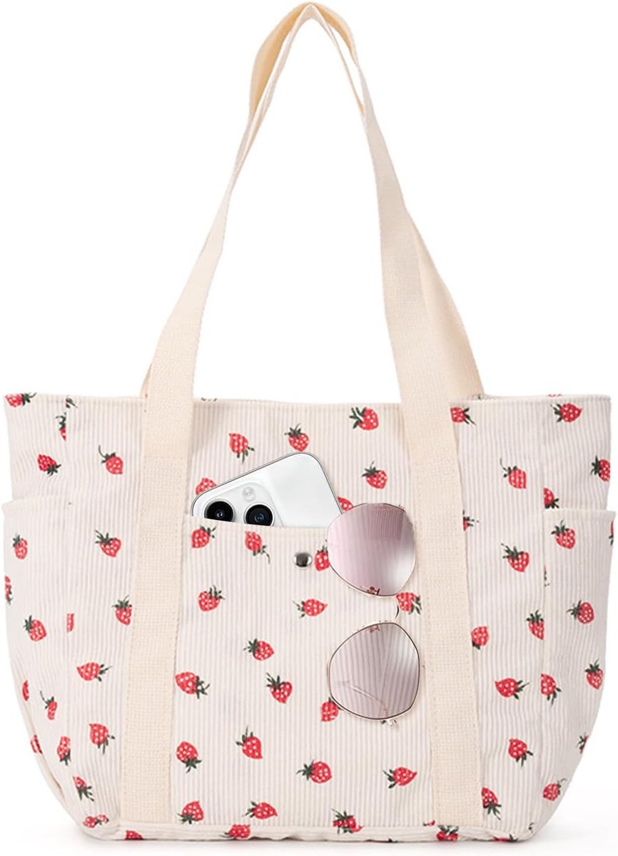 Women's corduroy bag, corduroy tote bag, cute strawberry pattern, lightweight and durable, with zip, suitable for - ShopVlot