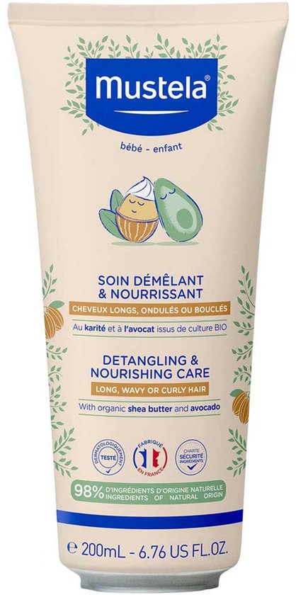 Witte tube Mustela babyshampoo met avocado en karité illustratie, groen en crème.