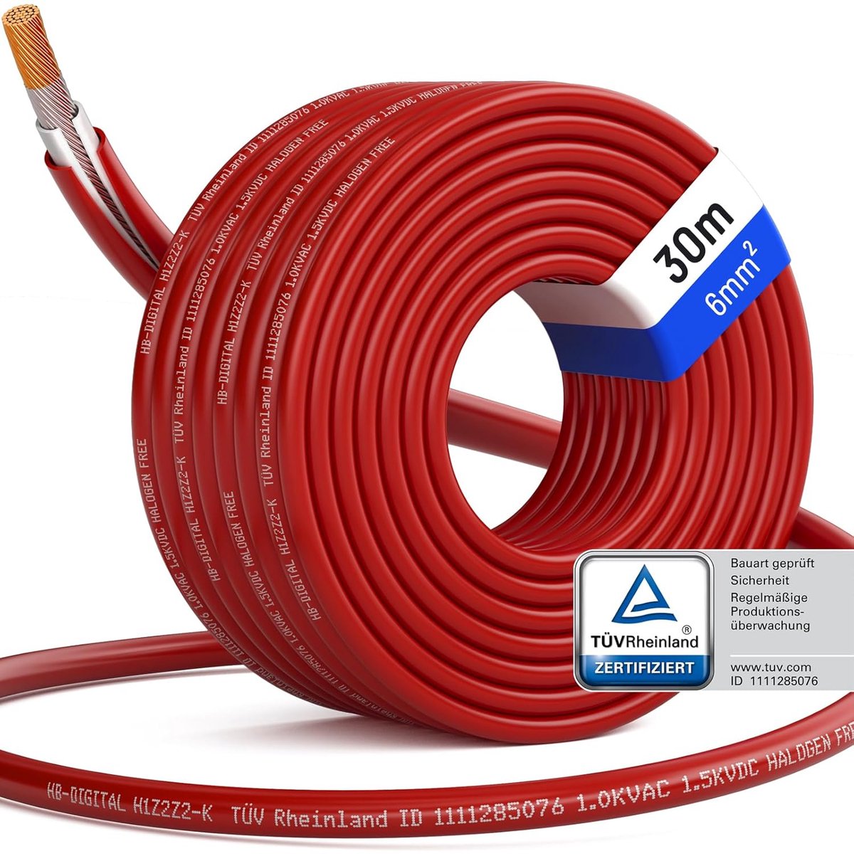 Rol van 30m Zonne-energie Kabel Rood 6mm2 UV-bestendig voor Zonnepanelen