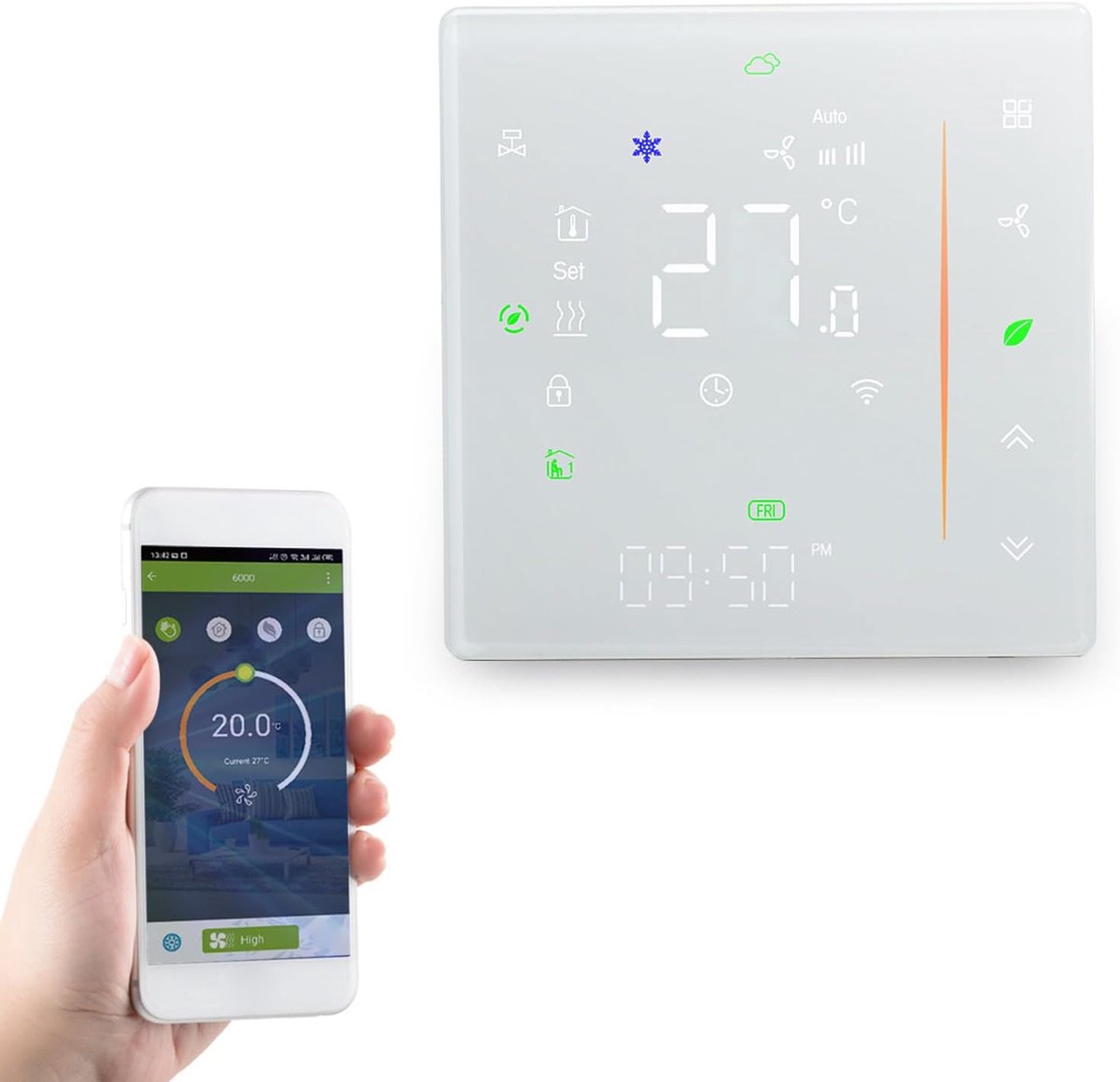 Intelligente thermostaat - Wifi programmeerbaar - Temperatuur regelen - Veelzijdige bediening - 10x10x6 cm - Wit