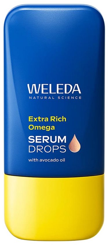 Blauw en geel flesje Weleda Extra Rich Omega Serum Drops met avocado olie.