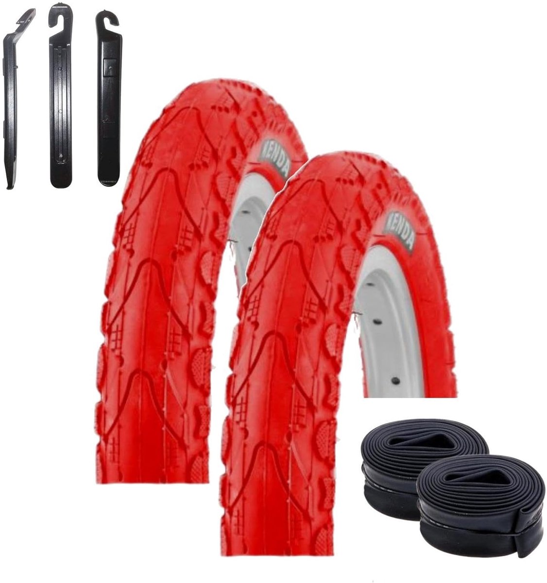 Fietsbanden Set - Banden en Slangen - Kinderfiets Onderhoud - Inclusief Bandenlichters - 12 Inch - Rood