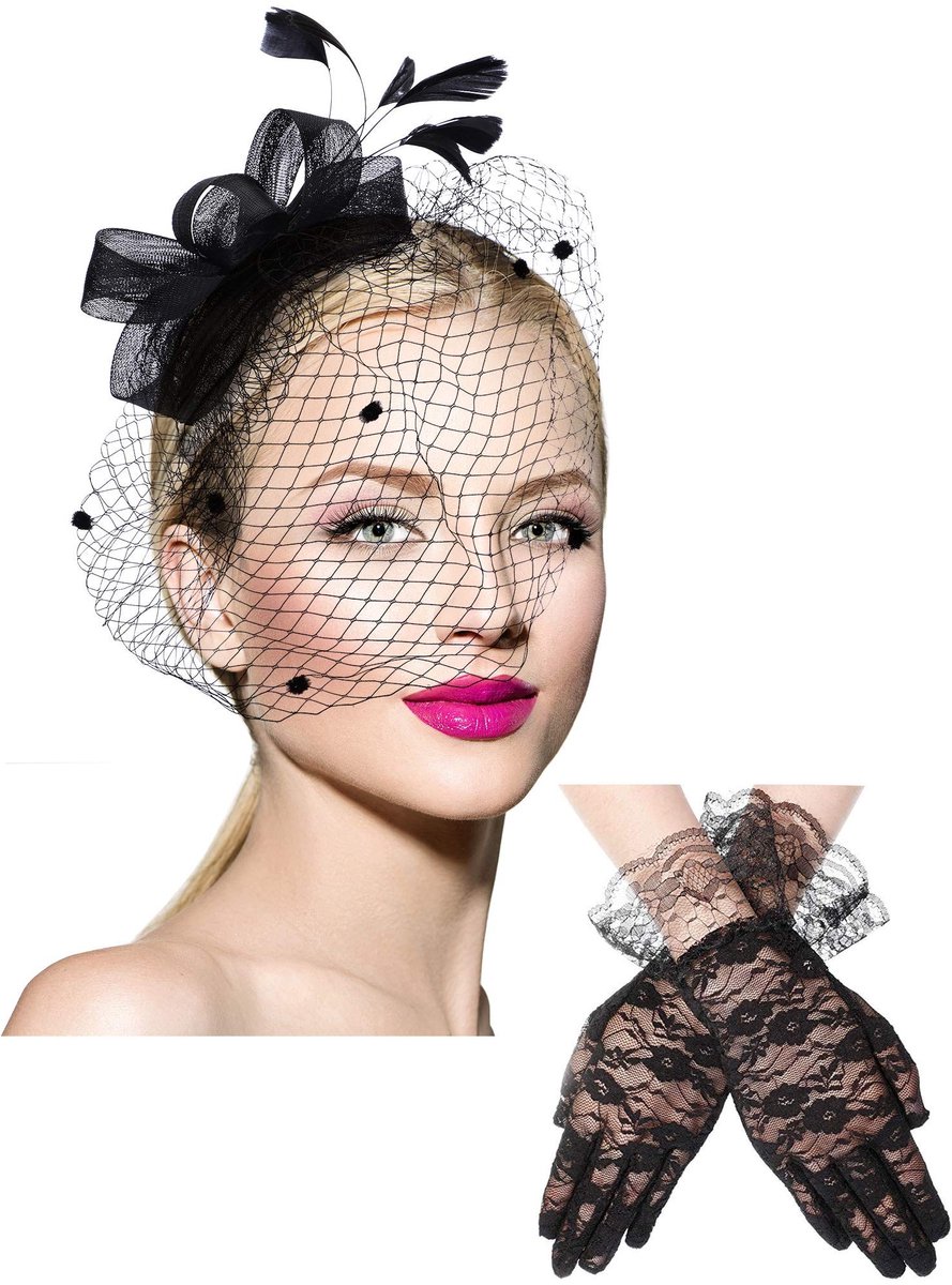 Dailygoods- Fascinatorhoed Duurzaam Materiaal - Hoofdband/Clip - Korte Handschoenen van Kant - Netsluier - Elegante Versiering - Charme en Gratie - Hoed