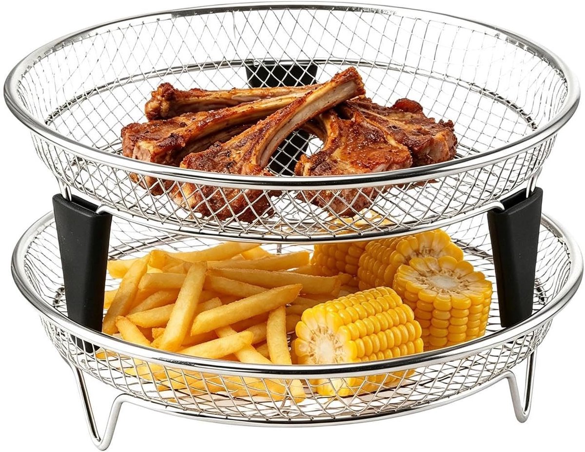 Airfryer Rack Dehydrator Lade Gezond Koken Stapelbaar Ontwerp 18 cm Zilver