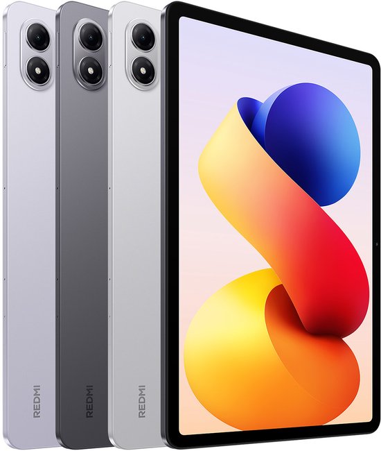 Drie Xiaomi Redmi tablets in het lichtpaars, grijs en zilver, met dubbele camera's en een kleurrijk scherm.