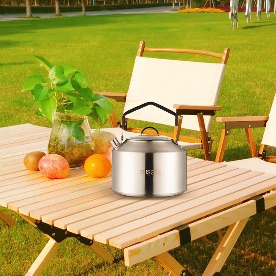 Roestvrijstalen waterfles voor op de camping - met hittebestendige handgreep - perfect voor het koken van water en het zetten van koffie in de buitenlucht -Inclusief opbergtas- 1,5 liter - 15 x 11 cm -Stijl 2 — afbeelding 4