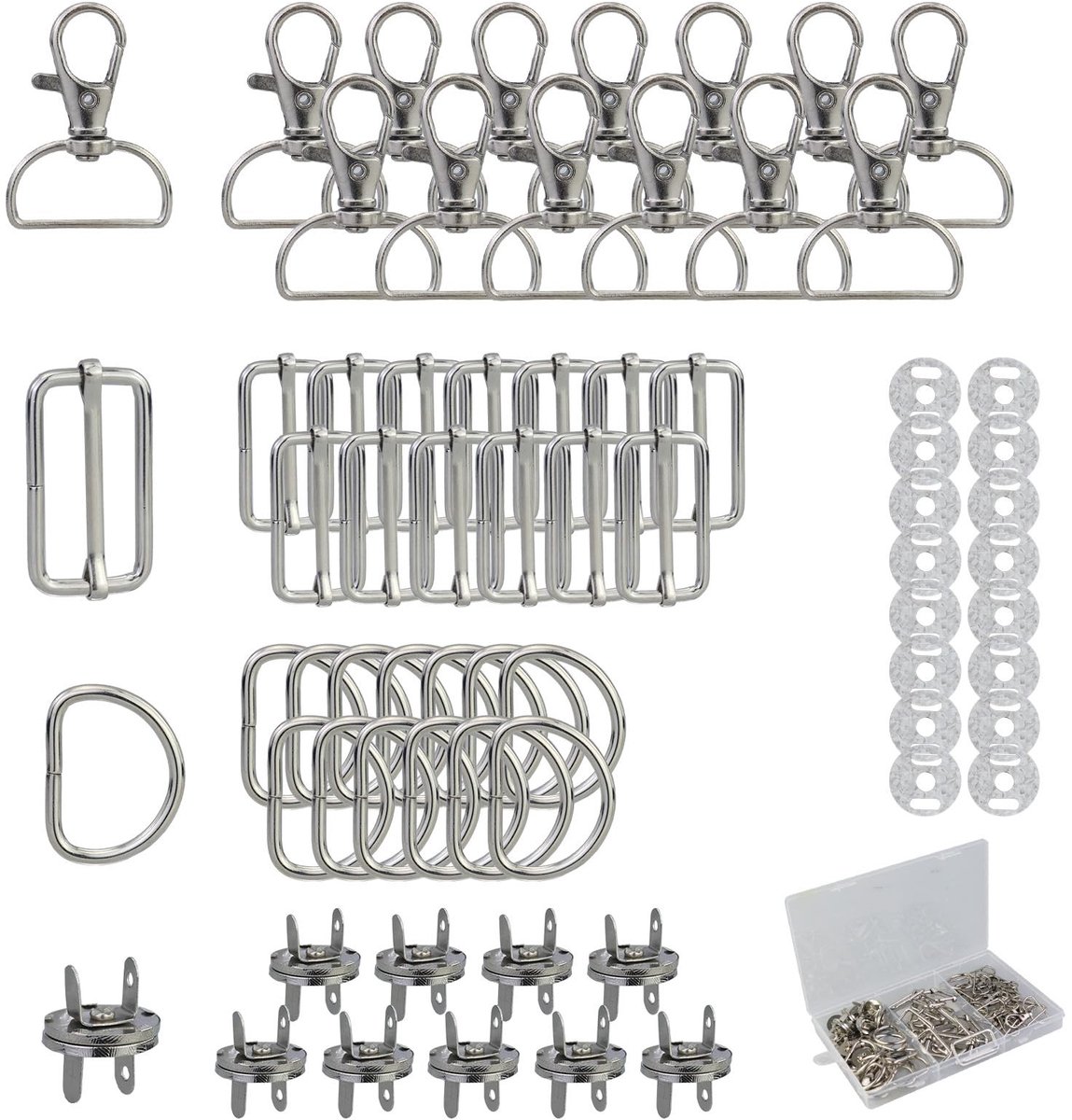 Dailygoods- Karabijnhaak Draaibaar - Sleutelhanger - D-ringen - Schuifgesp - Riemversteller - 69 Delen, Zinklegering/Roestvrij Staal