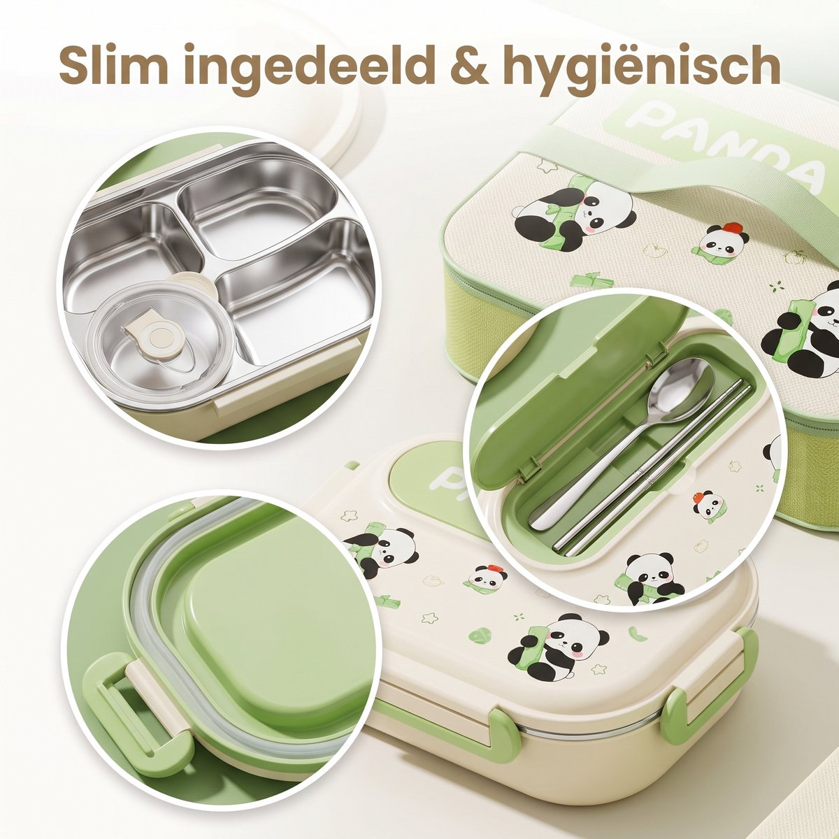 Ryoudavell - Panda Bento Box Lunchbox voor Kinderen - RVS 304 Broodtrommel met Vakken - 100% Lekvrij - Inclusief Geïsoleerde Lunchtas en Bestek - Groen - 28 cm — cadeau in Spellen & Speelgoed - foto 4