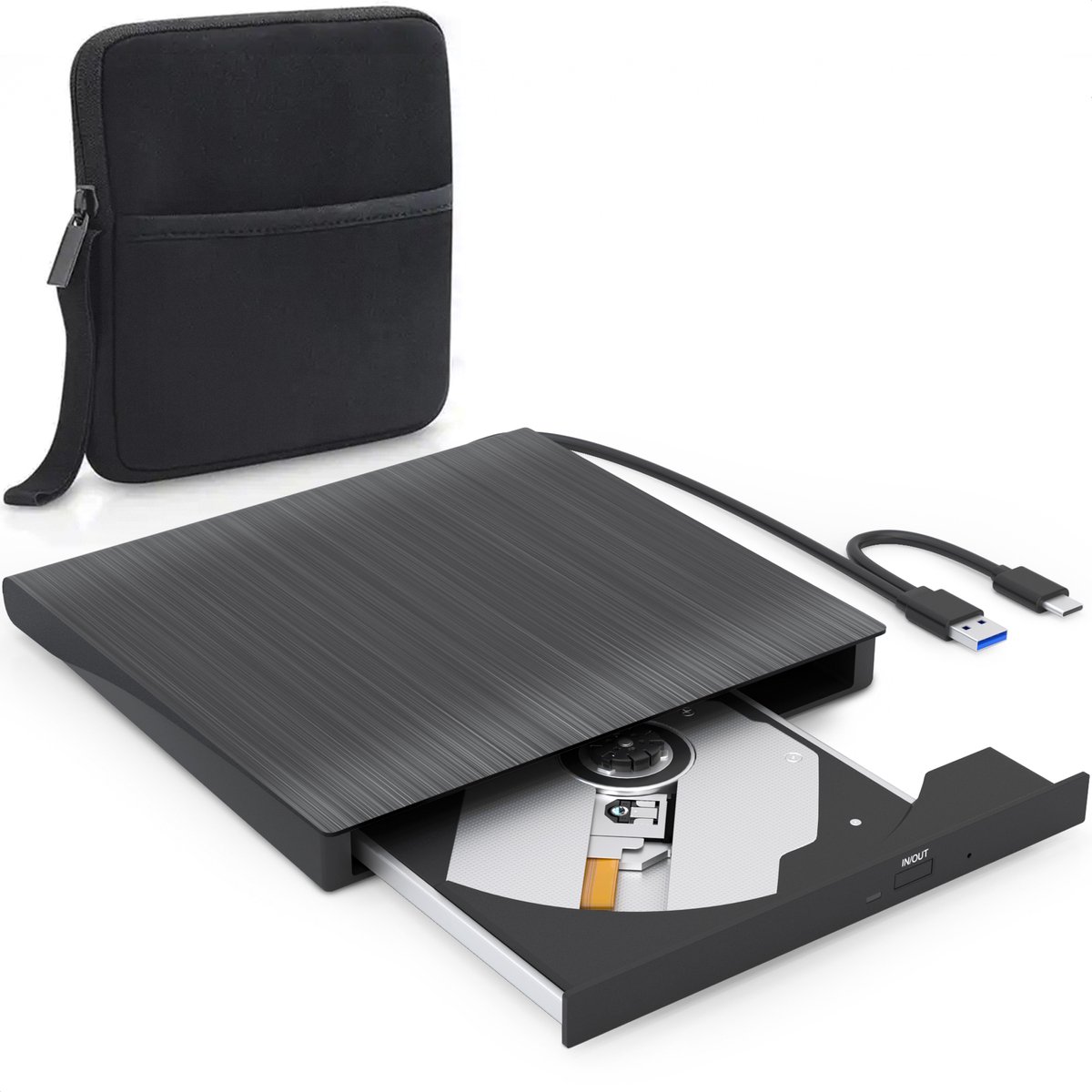 Strex Externe DVD Speler en Brander Met hoes - CD Brander - USB DVD Speler met USB C en USB A 3.0 - Externe CD speler