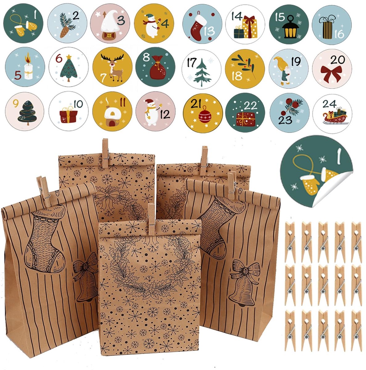 Dailygoods - HERZONE Adventskalender om te vullen 24 adventskalenderdoosjes mooie cadeauzakjes kerstmotieven dozen (zwart 2 types)
