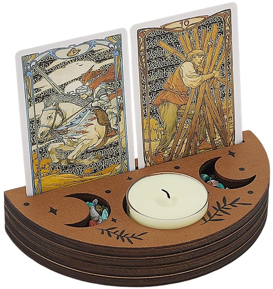 Dailygoods- Tarotkaarthouder Halfrond - Houten Kaarthouder - Kameelkleur - Wicca Decoratie - Lichtgewicht - 132 mm Breed