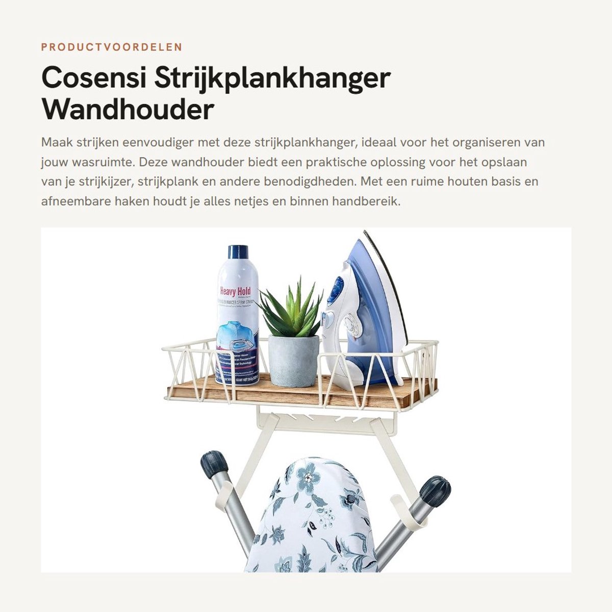 Dailygoods- Strijkplankhanger met grote opbergmand - Strijkplankhouder - Wandhouder - Metalen haken - T/Y-vormige poten - Stijlvol en robuust