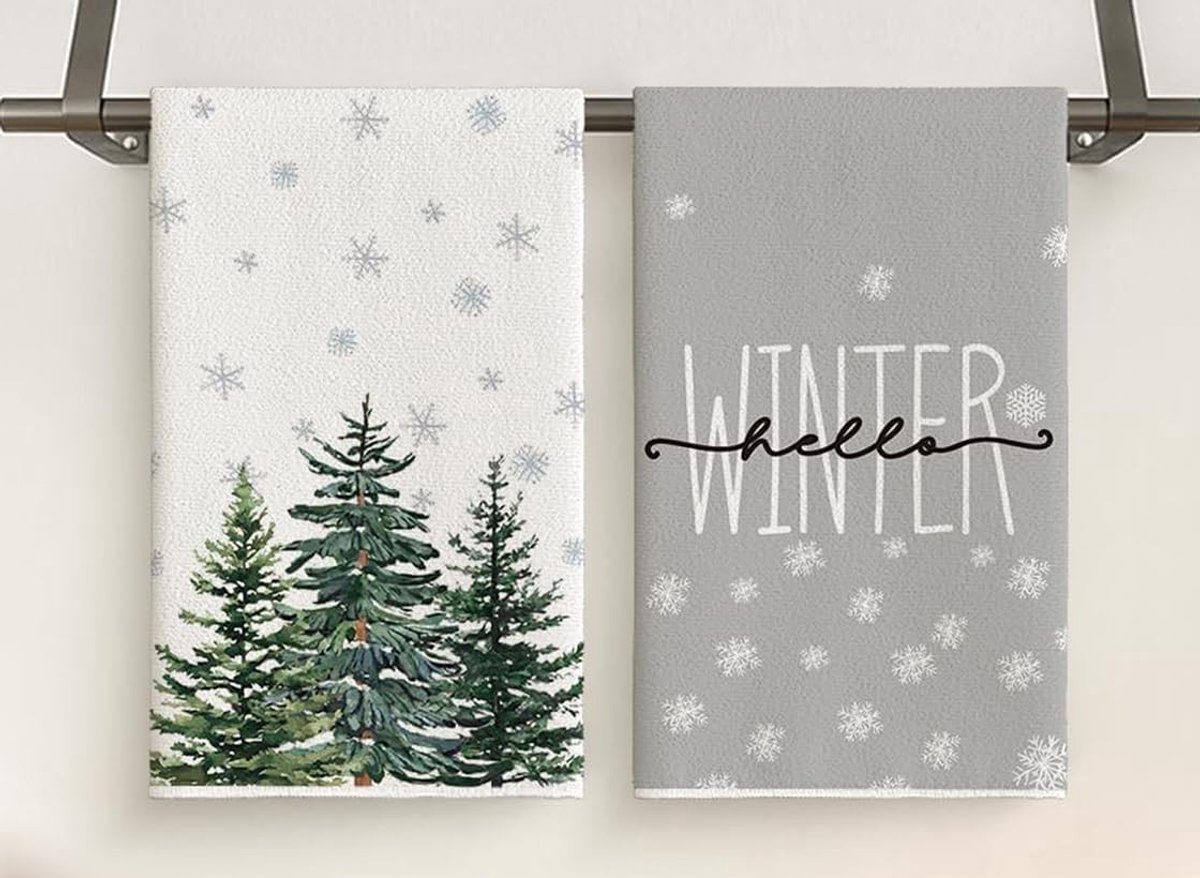 Dailygoods- Theedoeken Set 2 Stuks - Kerstmotieven - Wit/Grijs - 41 x 63 cm - Polyester - Decoratieve Keukendoeken