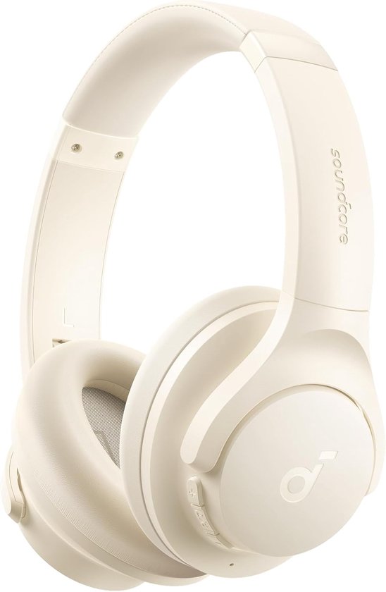 Close-up van een beige over-ear koptelefoon met 'soundcore' logo op de hoofdband.