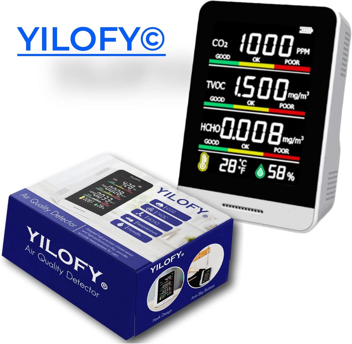Luchtkwaliteit Meter - Hygrometer CO2 Sensor - Binnenklimaat Monitoren - 5 in 1 Functies - Draagbaar LCD Scherm - Zwart