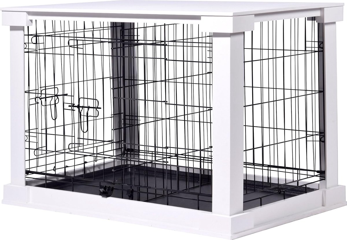 Hondenbench Meubel - Hondenmand Huisje - Veilige Rustplek - Geïntegreerd Tafelblad - 83 x 55 x 59 cm - Wit
