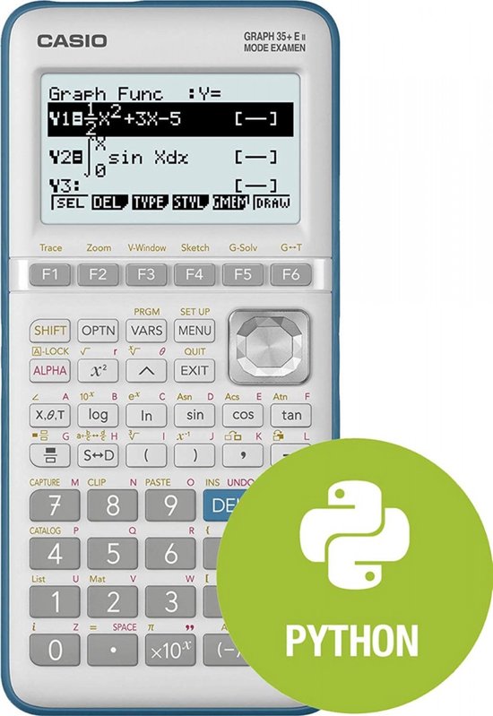 Casio grafische rekenmachine, wit met blauwe rand, met Python logo.