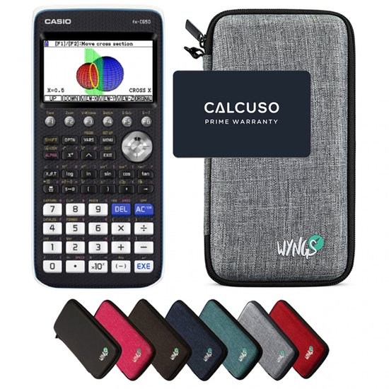 Casio fx-CG50 rekenmachine, grijze etui, donkerblauwe garantiekaart en vijf kleine gekleurde etuis.
