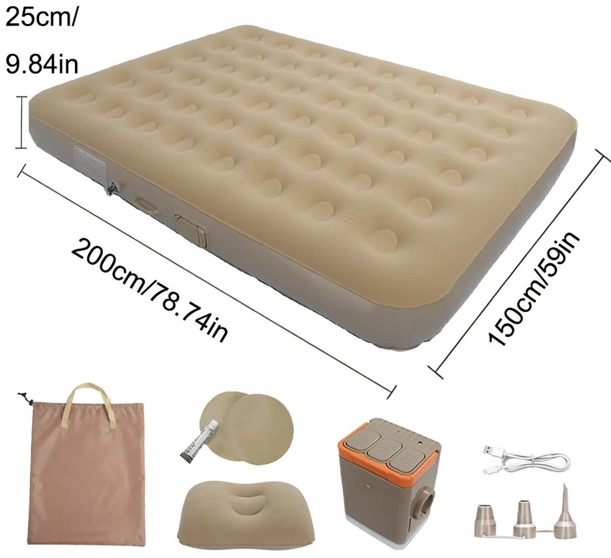MV labels - Luchtbed - Luchtmatras - Opblaasbed - ingebouwde pomp - 200x150x25 - Beige