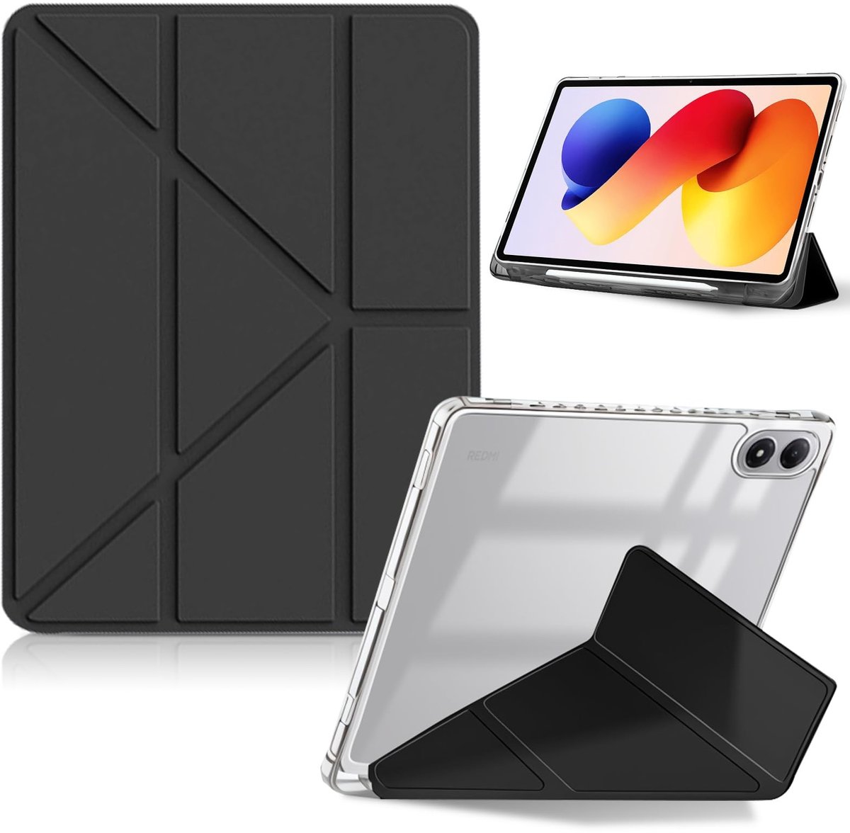Dailygoods - Beschermhoesje voor Xiaomi Redmi Pad 2 Pro 12,1 inch 2025, transparante PC + PU-leer met penhouder, meerdere hoeken, automatische wake/slaap, stootvaste case cover - zwart