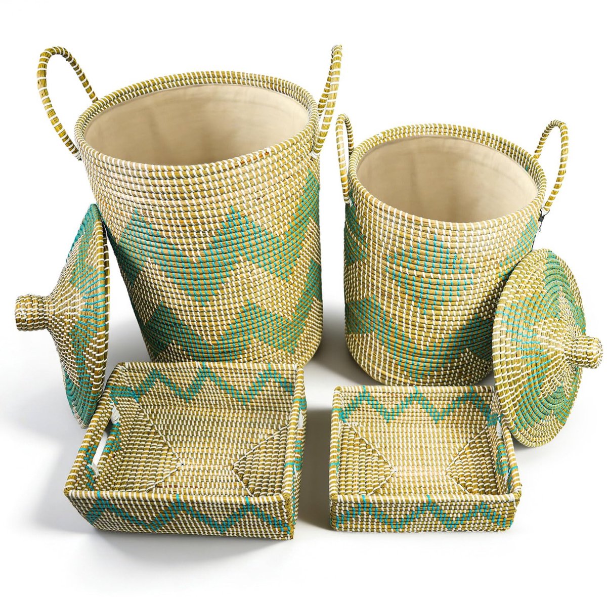 Dailygoods- Opbergmand 4-delig Set - Gevlochten Zeegrasmand - Wasmand - Speelgoedmand - Cosmetica Mand - Handgemaakt 53L/34,5L/5L/3,2L - Opbergdoos