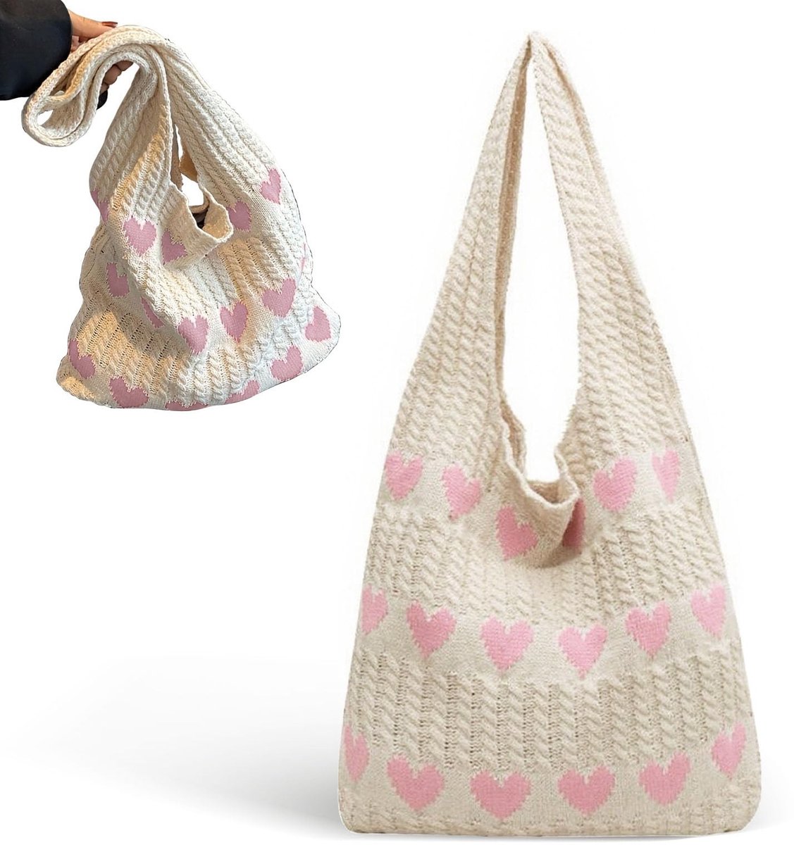 Dailygoods - Gebreide schoudertas, gebreide tas, gehaakte tas, tote bag, hartvormige strandtas, schoudertas, geweven tas, crochet bag voor tieners en meisjes, hartvormig modieus (38 x 35 cm)