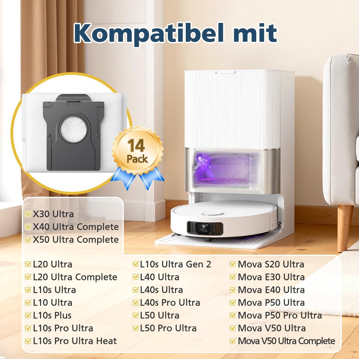 Dailygoods- Stofzuigerzakken 14 Stuks - Capaciteit 3,5 L - Compatibel met Dreame L20/X30/X40/X50 - Mova E30/V50/E40/P50 - Ultra Stofzuigerzakken - Stofzuigerzak