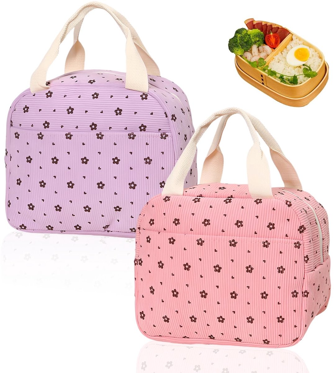 Dailygoods- Lunchbox - 2 Stuks - Geïsoleerde Lunchtas - Corduroy - Aluminiumfolie - 26 × 18 × 24 cm - Draagbaar met Dubbele Grepen - Koeltas