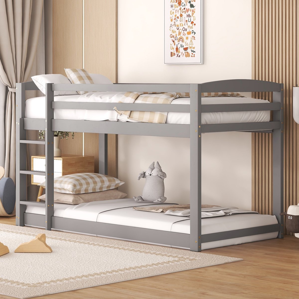 MEUNIQ stapelbed 90x200 cm voor kinderkamer, laag kinderbed met ladder, uitvalbeveiliging en lattenbodem, grijs grenenhout en MDF