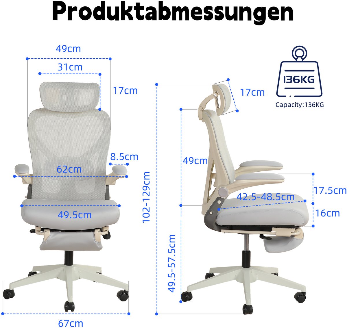 Ergonomische Bureaustoel - Klapbaar Design - Met 3D Hoofdsteun, Lendensteun En Kantelfunctie - Voor Werk, Studie En Gamen - Mesh Grijs