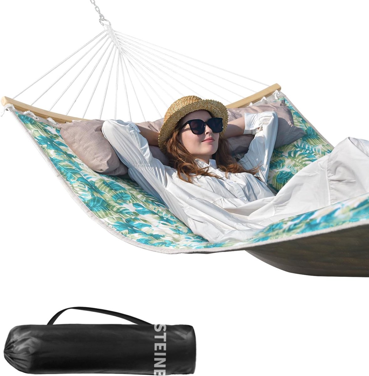 Dubbele hangmat - Stoffen hangmat - Ontspannen buiten - Gewatteerde stof - 335 cm lengte - Blauw