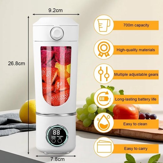 Draagbare Mixer - Mini Blender - Smoothies Maken - 12 Roestvrijstalen Bladen - 700ml Capaciteit - Wit — afbeelding 3