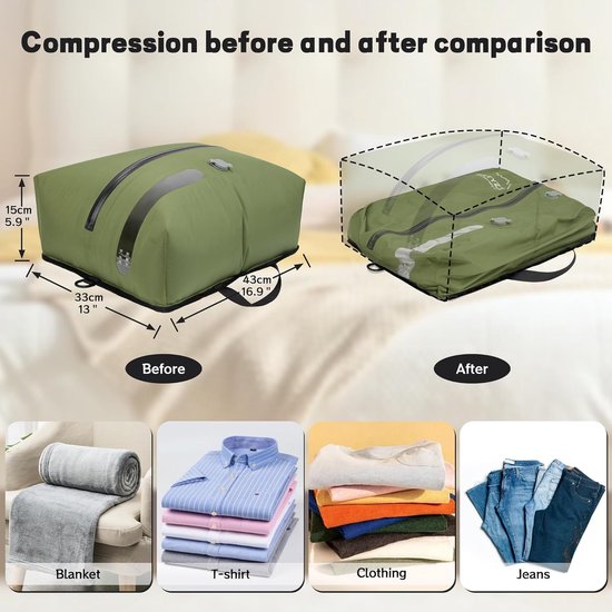 Vacuüm Compressiezakken - Ruimtebesparende Zakken - Reizen Opslag - IP67 Waterdichte Rits - 2 Stuks - Groen — afbeelding 5