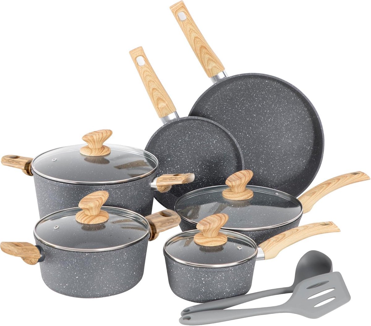 Pannenset - Kookgerei set - Dagelijks koken - Antiaanbaklaag - 12-delig - Grijs