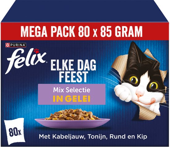 Felix Mega Pack 80 x 85 gram met Kabeljauw, Tonijn, Rund en Kip in gelei.