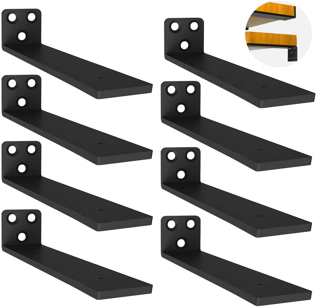 Dailygoods- Plankdragers 8 Stuks - Wandmontage - Zwart Metaal - Schokbestendig - Draagkracht 75 kg - Eenvoudige Installatie - Planksteunen