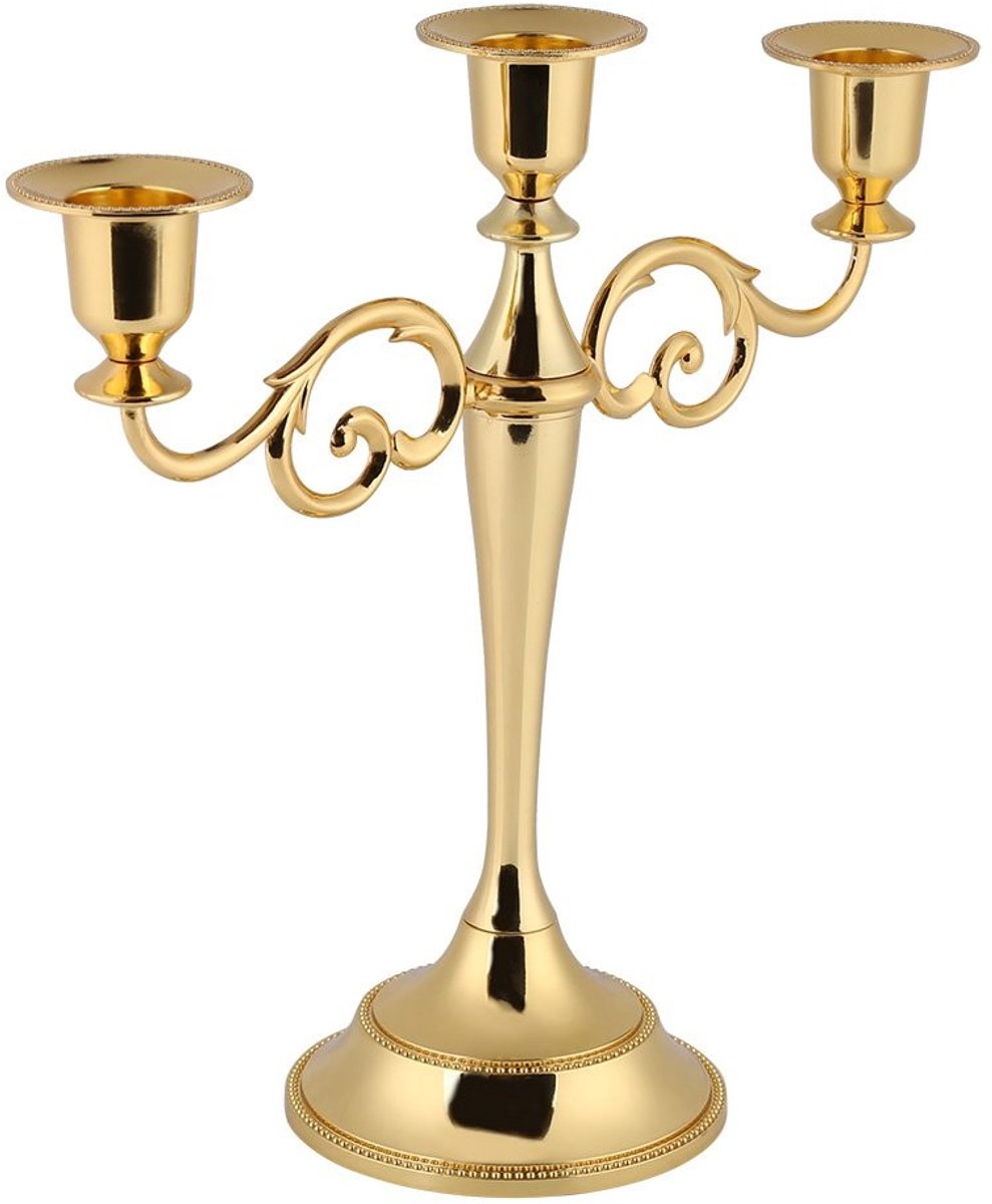 Dailygoods- Kandelaar Driearmig Goud - Vintage Kandelaar - Metaal Kandelaar - Decoratie Kandelaar - Kerstmis/Bruiloft - 10,5 x 25 cm - Theelichthouder