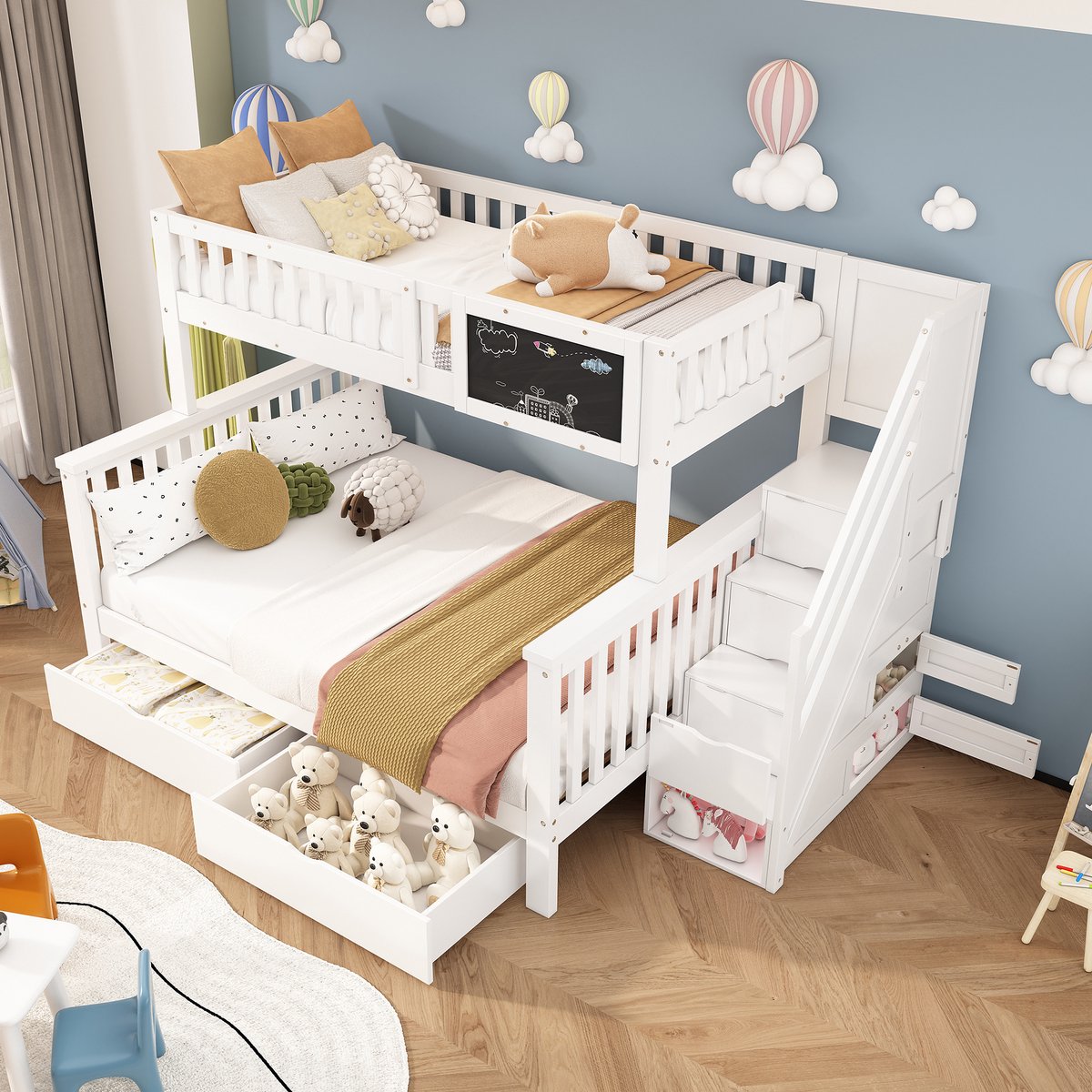 MEUNIQ Kinderstapelbed 90 x 200 + 140 x 200 cm met trap, krijtbord, 2 lades en opbergruimt