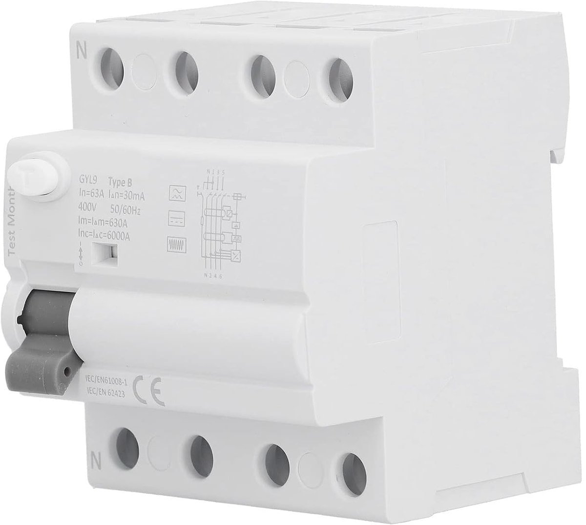 Aardlekschakelaar - Stroombeveiliging - Veiligheid Circuits - 4P 63A Detectie - IP20 - Grijs
