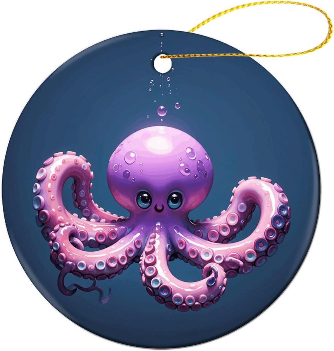 Keramische Decoratie - Hangend Ornament - Kerstboom Versieren - Dubbelzijdig Bedrukt - 7.2 cm Diameter - Octopus Paars